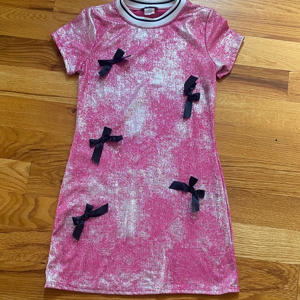 Pink Glitter Kids Dress with Black Bows